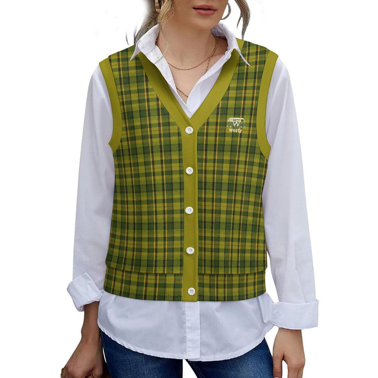 Westy Green Plaid Cardigan Vest - Vintage-Inspired Sleeveless Sweater for Van Life Souls