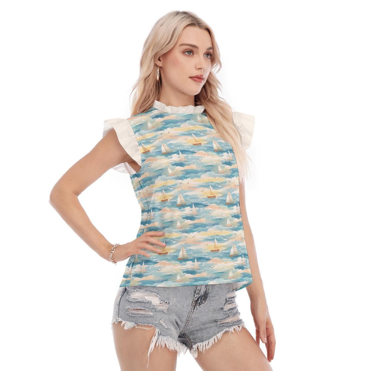Elegant Sailboat Ruffle Blouse | Nautical Print Summer Top | Charming Ruffle Collar & Sleeve Shirt