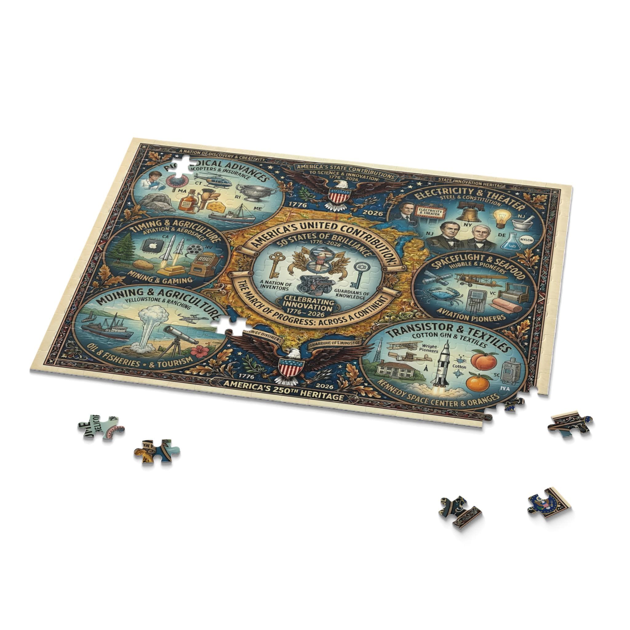 USA 250th Heritage Illustrated Puzzle | 252/500 Piece Chipboard | State Landmarks