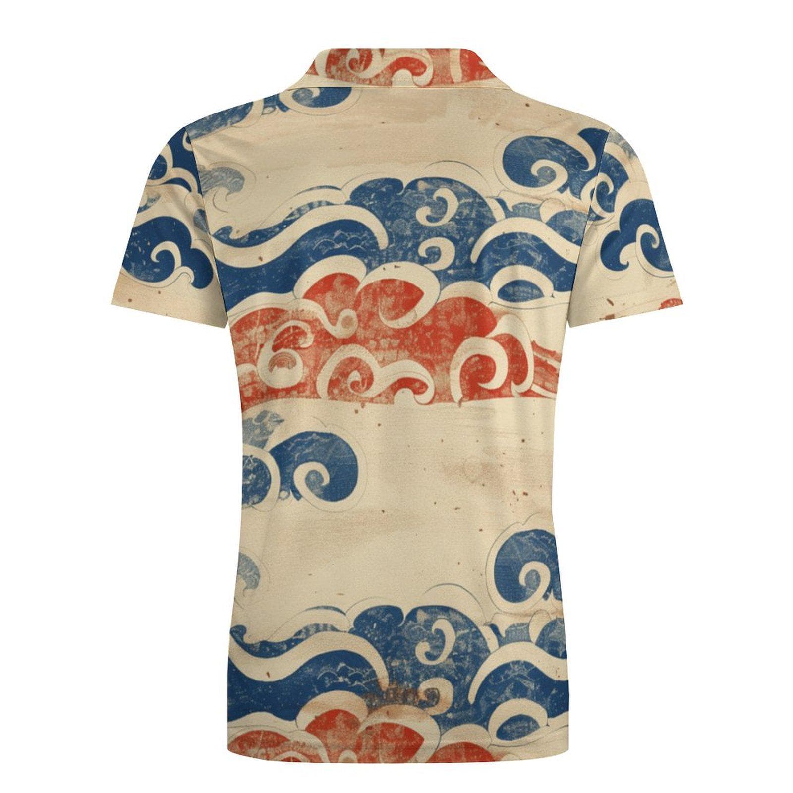 Everyday Kamo Men's Japanese Wave Cotton Polo Shirt - Stylish Distressed Ocean Print Short Sleeve Top