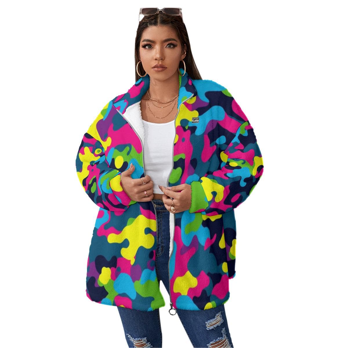 Everyday Kamo Fleece Jacket | Vibrant Colorful Sherpa Coat | Modern Urban Style Gift for Her