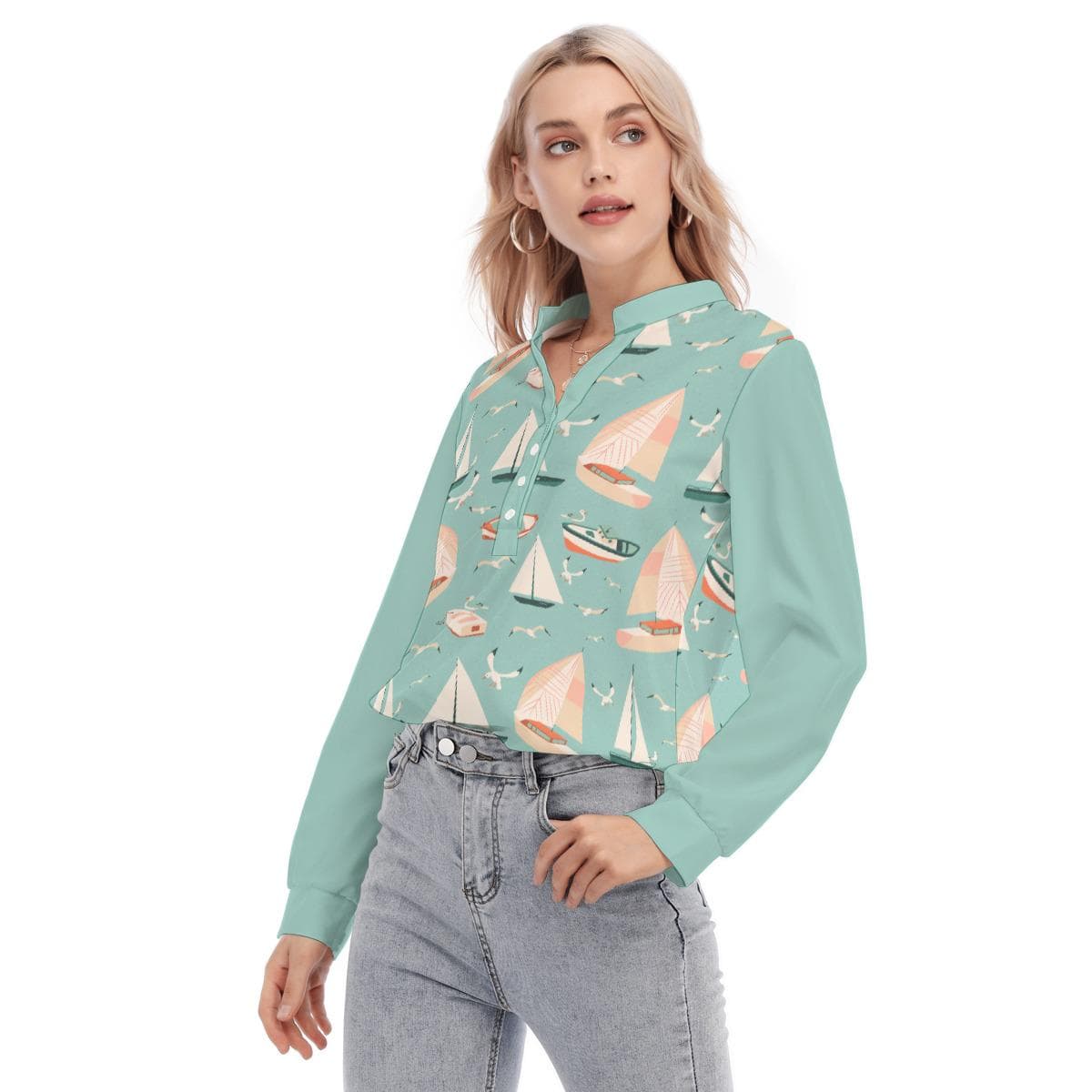 Coastal Sailboat Print Blouse | Women's Nautical Long Sleeve Button-Up Shirt | Summer Ocean Theme Top