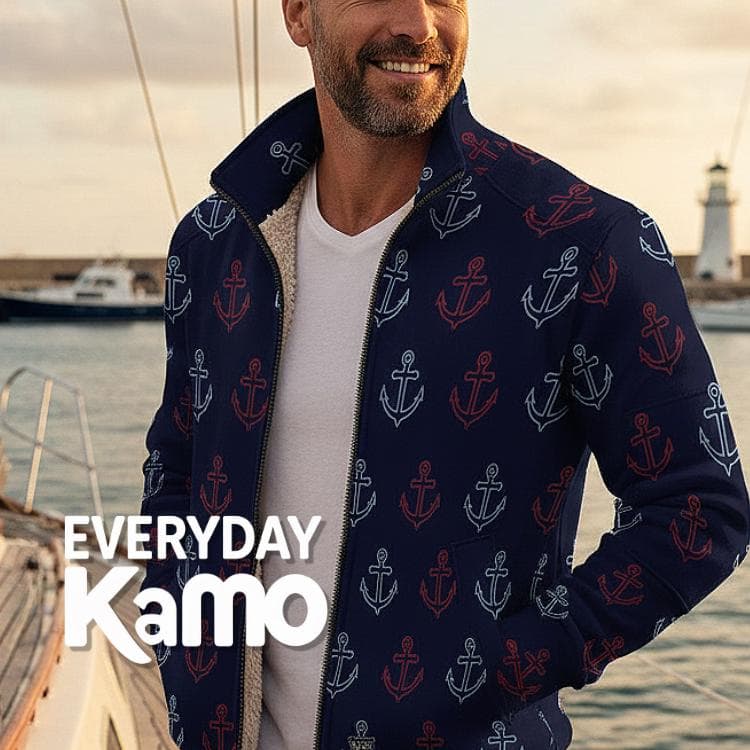 Men's Nautical Anchor Fleece Jacket - Maritime Zip-Up Sweatshirt