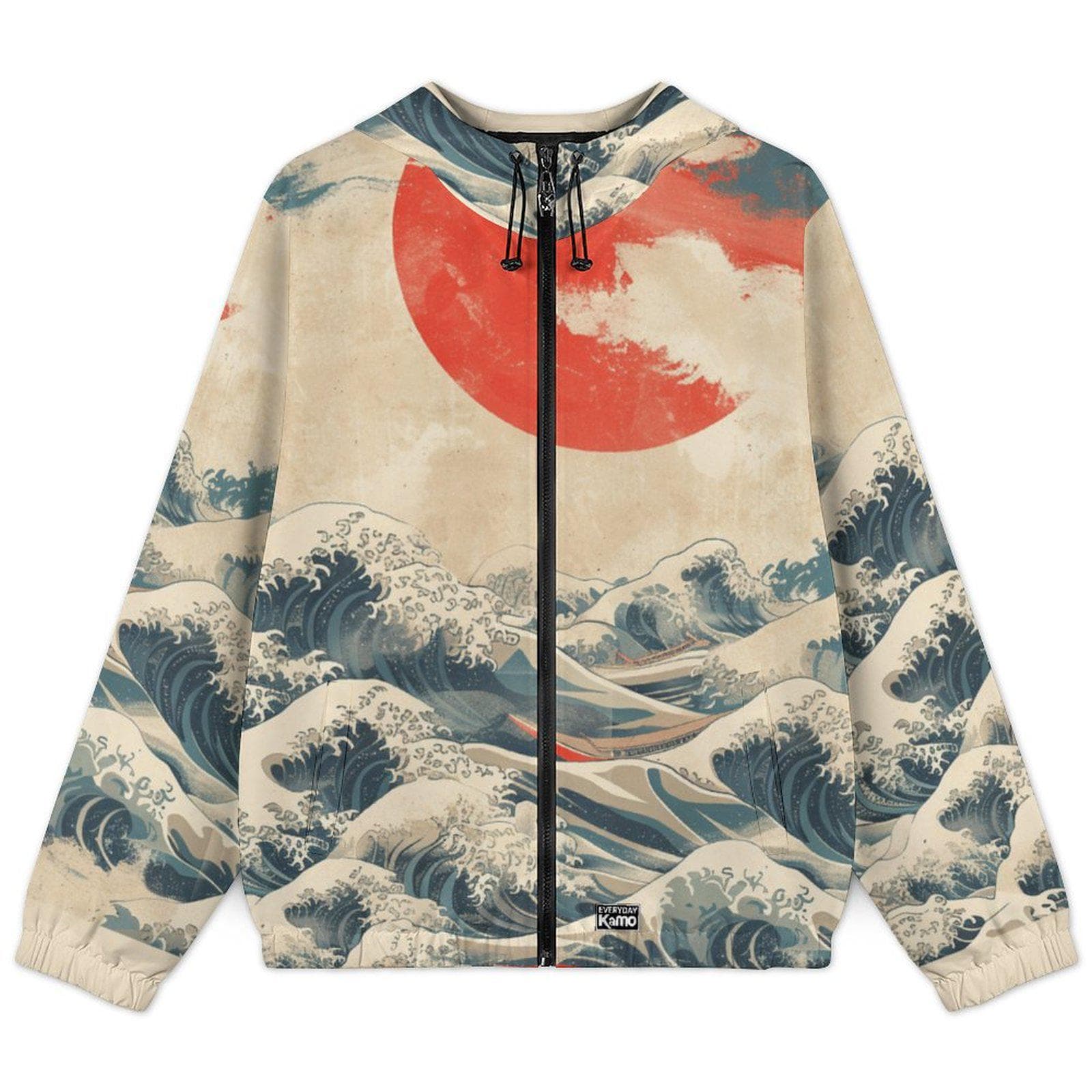 The Great Wave Hooded Windbreaker | Hokusai Japanese Art Print Jacket | Unisex Aesthetic Streetwear Outerwear