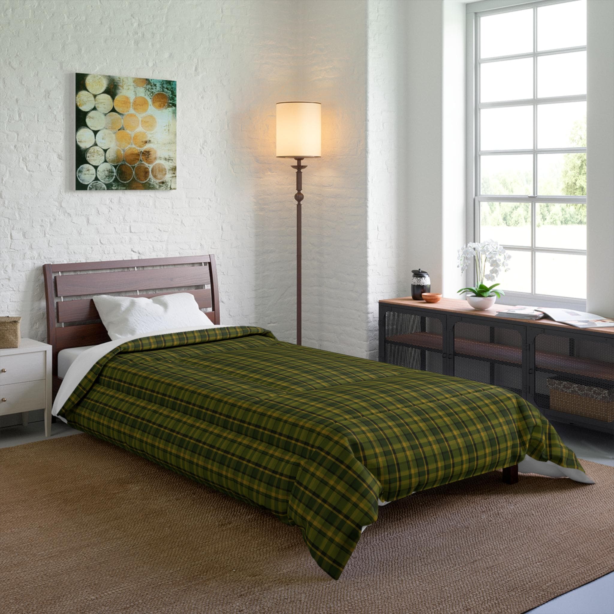 Green Plaid Comforter - Cozy Microfiber Bedding, Lodge Decor