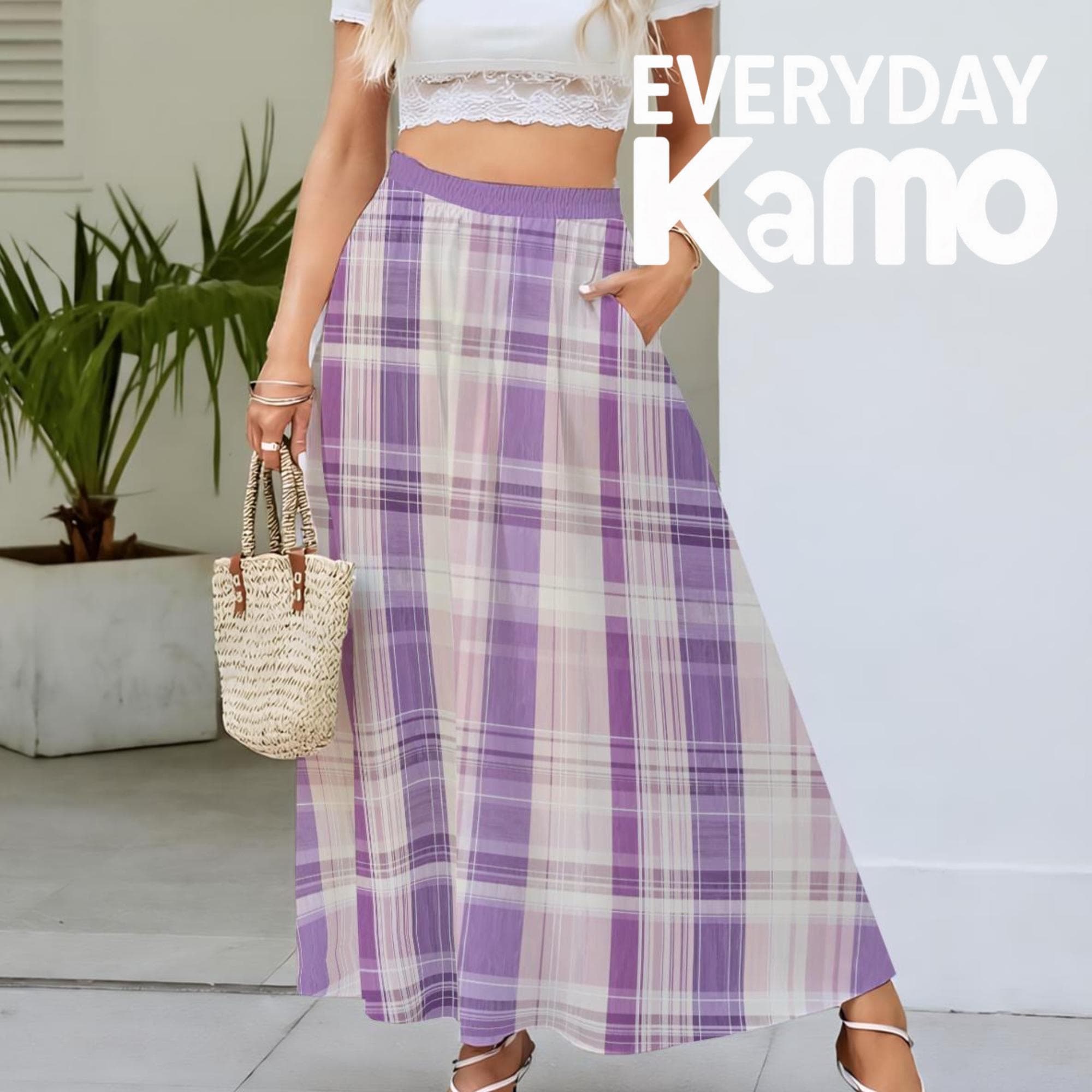 Plaid Maxi Skirt Purple Cream Elastic Waist Lined Soft Polyester