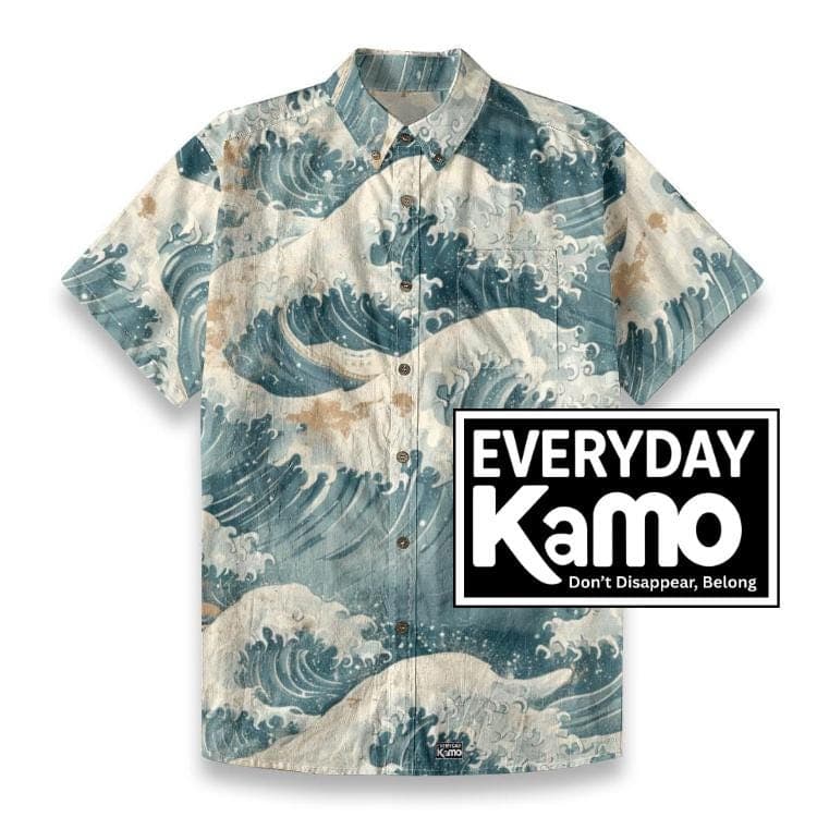 Japanese Great Wave Cotton Shirt | Hokusai Ocean Art Button Up | Summer Vacation Aloha Shirt