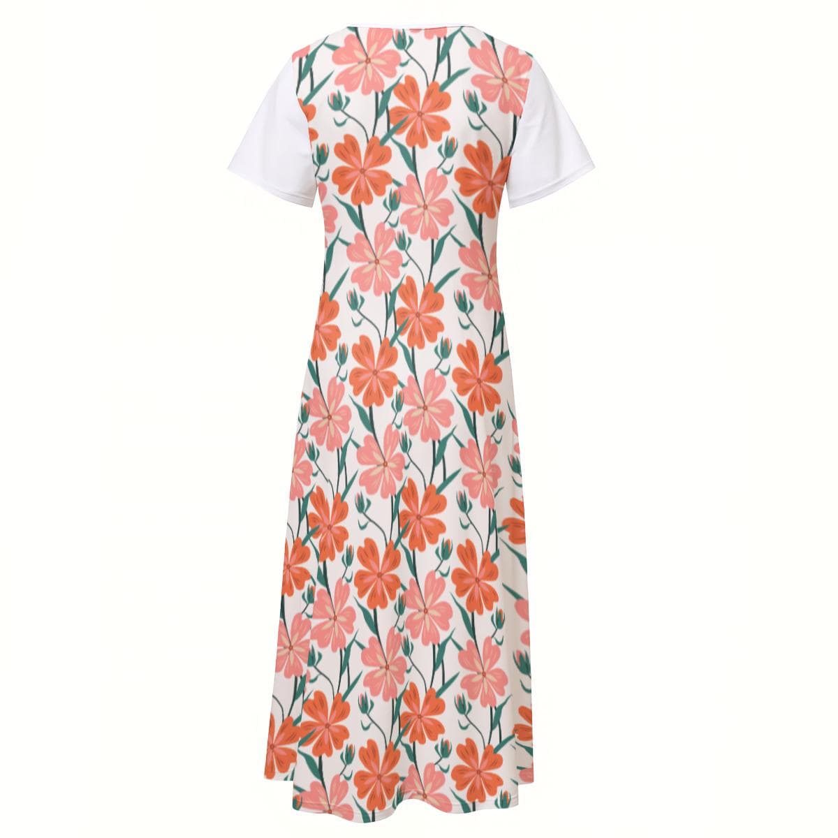V-Neck Floral Midi Dress | Summer Beach Split Hem Sundress | Comfortable Jersey Short Sleeve Dress