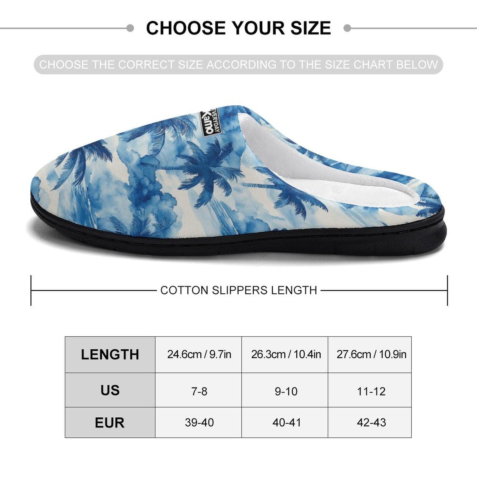 Everyday Kamo Tropical Palm Tree Slippers | Cozy Blue Watercolor Cotton House Shoes for Women