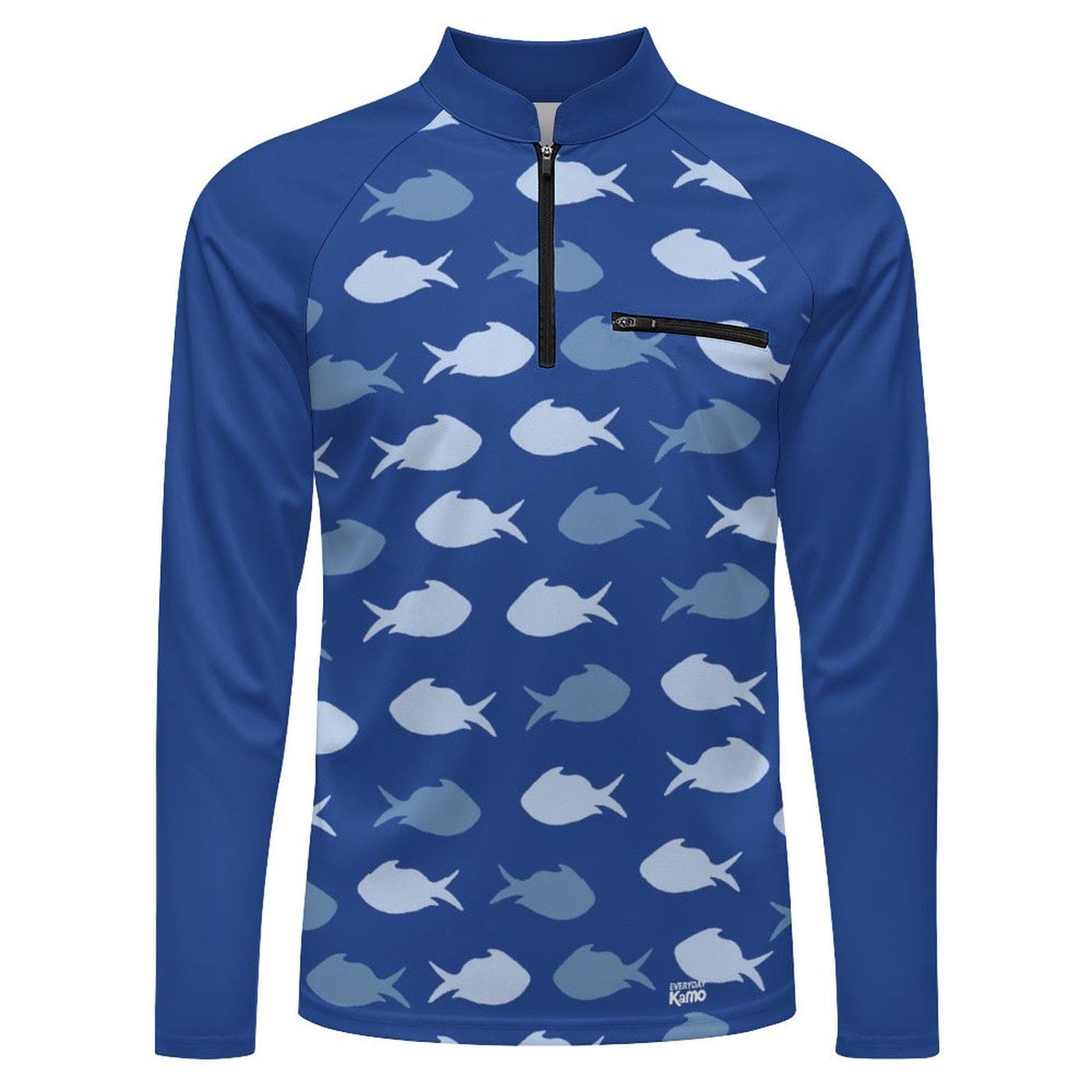 Men's Deep Blue Fish Pattern UV Protection Fishing Hoodie | Everyday Kamo Quarter-Zip Long Sleeve Fishing Shirt