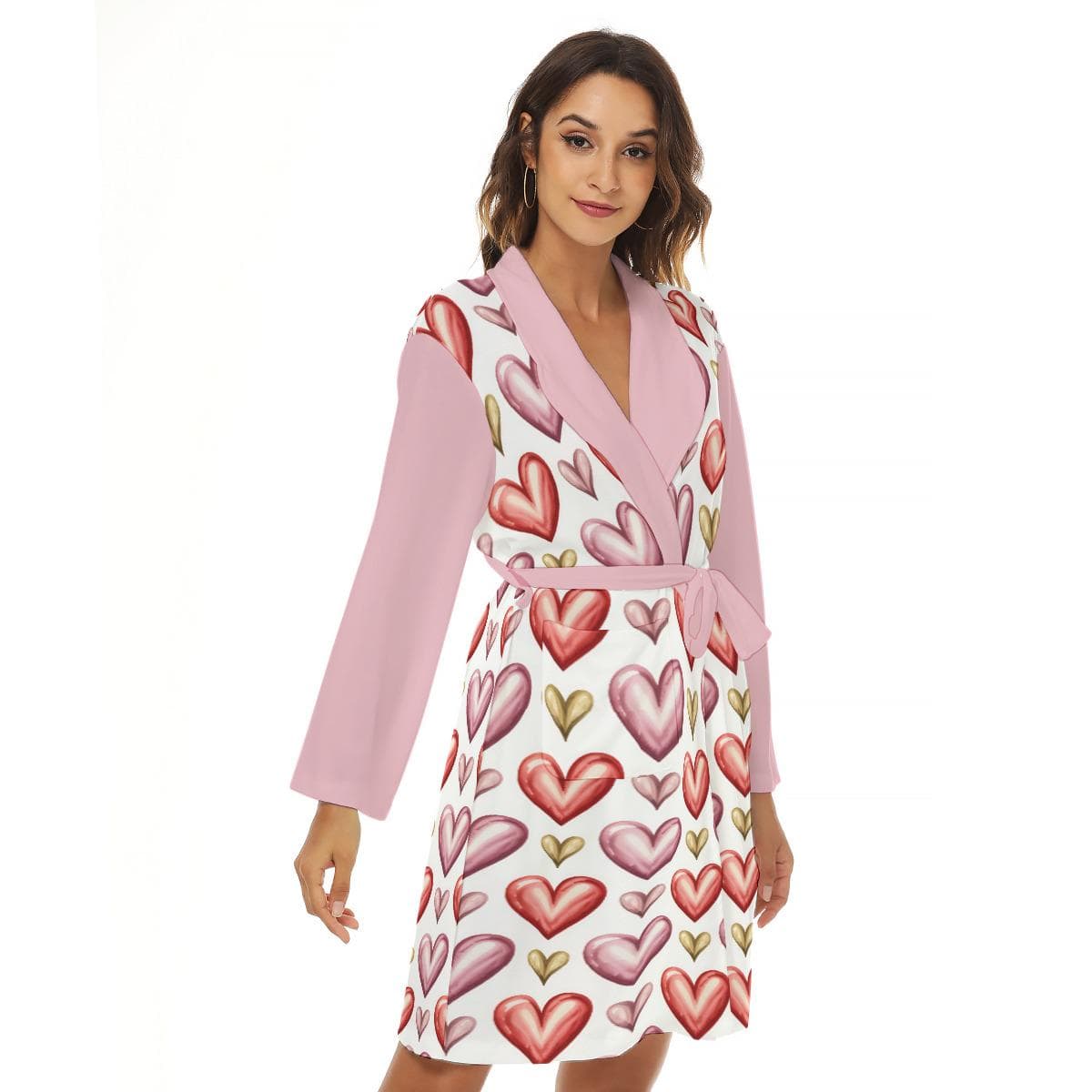 Sweetheart Pink Robe | Women's Heart Print Loungewear | Cozy Jersey Dressing Gown with Pockets