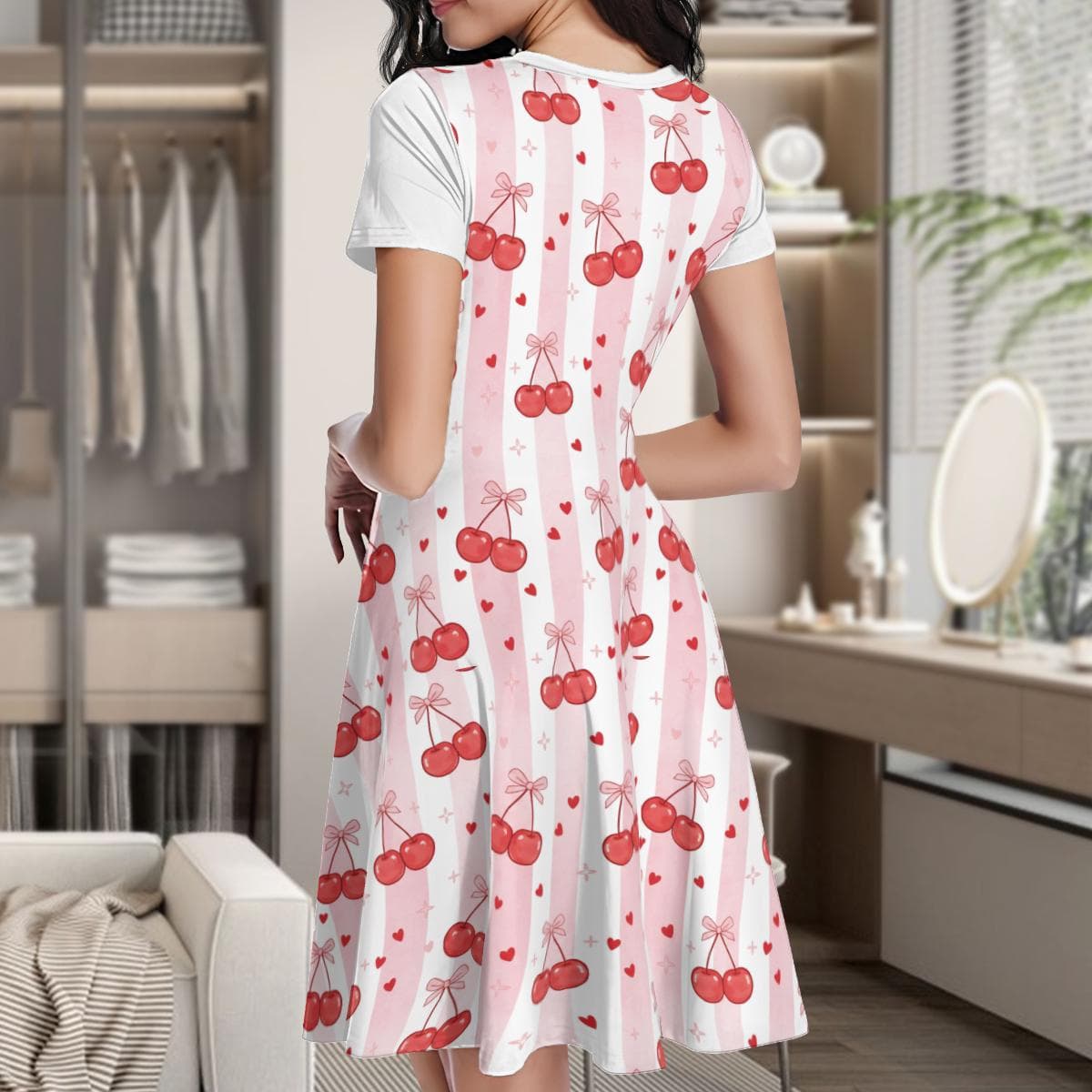 Sweet Cherry & Pink Stripe Summer Dress | Flowy Milk Silk Short Sleeve Women's Mini Dress | Cute Casual Everyday Sundress