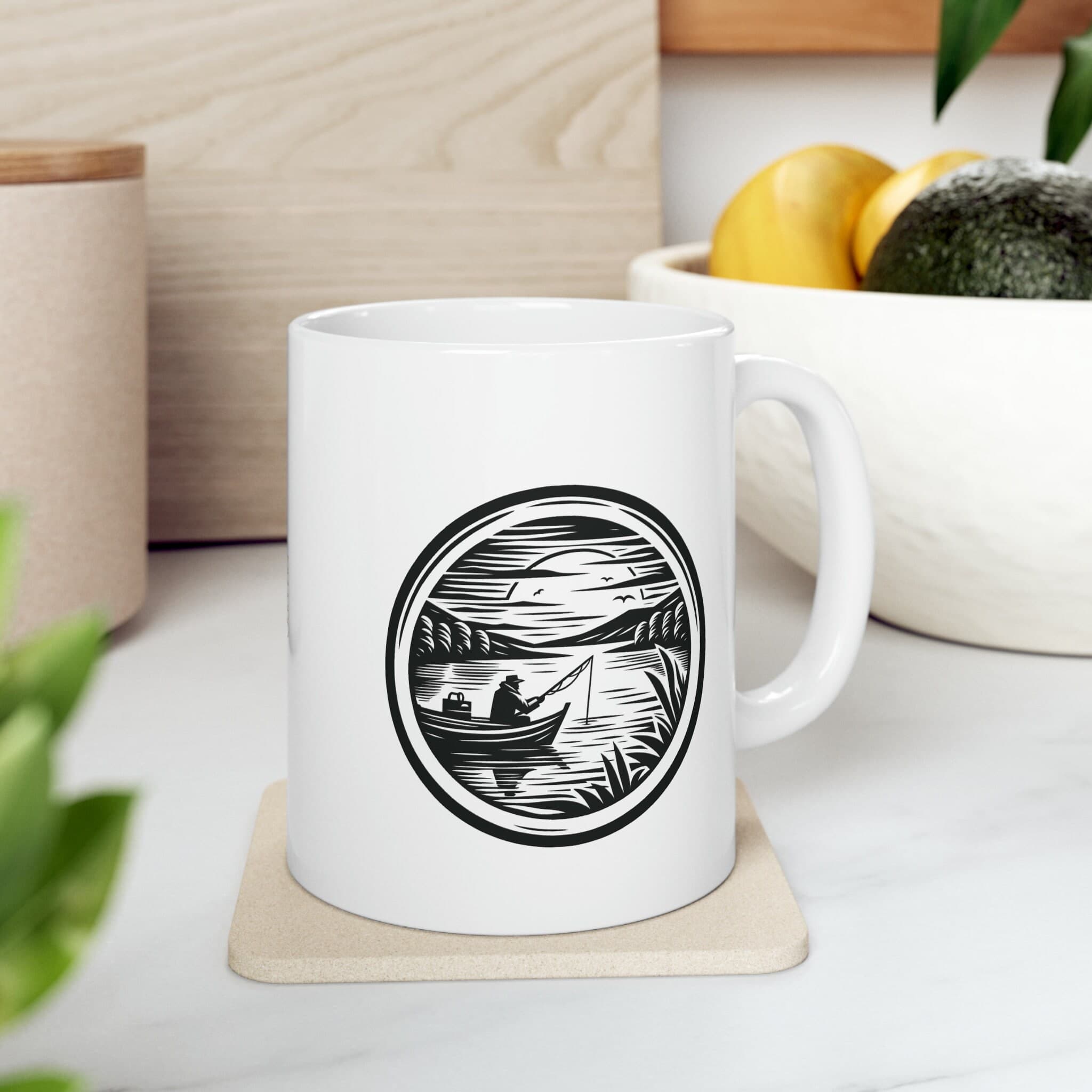 Fishing Ceramic Mug 11oz | Woodcut Bass Design Coffee Cup Gift
