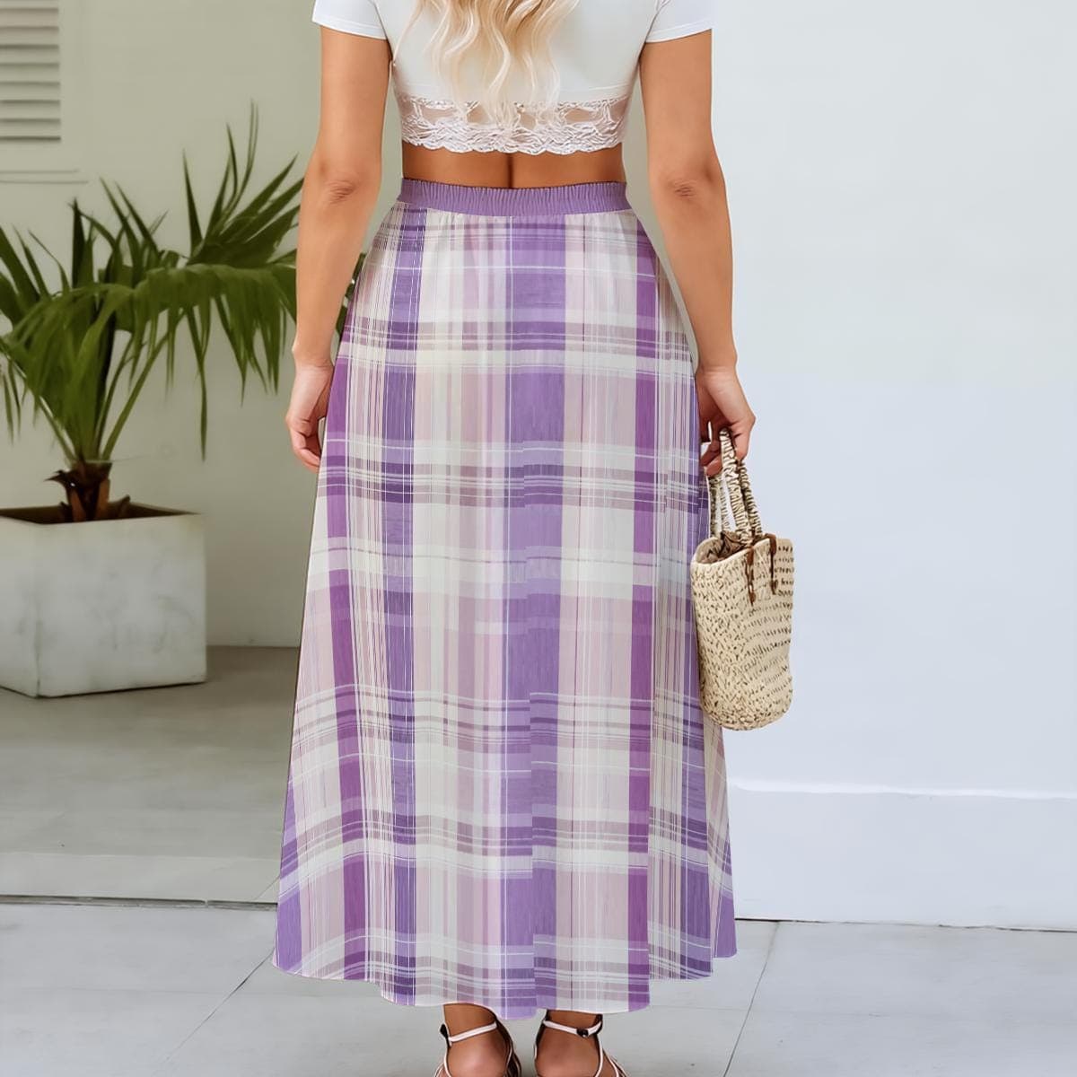 Plaid Maxi Skirt Purple Cream Elastic Waist Lined Soft Polyester