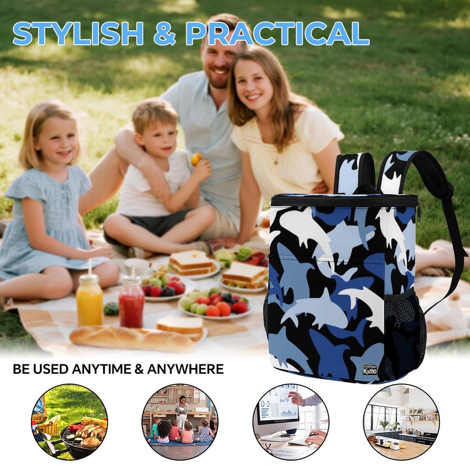 Everyday Kamo Shark Camo Cooler Backpack - Insulated Lunch Bag for Beach, Travel & Daily Adventures