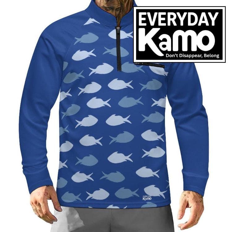 Men's Deep Blue Fish Pattern UV Protection Fishing Hoodie | Everyday Kamo Quarter-Zip Long Sleeve Fishing Shirt