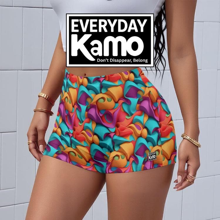 Vibrant Abstract High-Waisted Shorts | Seamless Milk Silk Yoga & Workout Bottoms | Colorful Athletic Loungewear