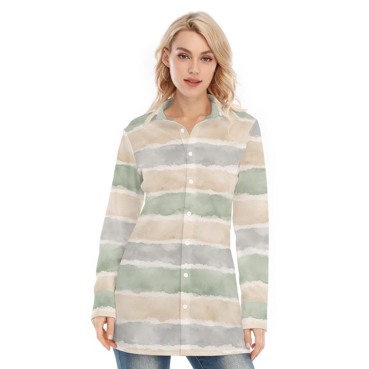 Watercolor Stripe Button Down Tunic | Cotton Spandex Stretch Blouse
