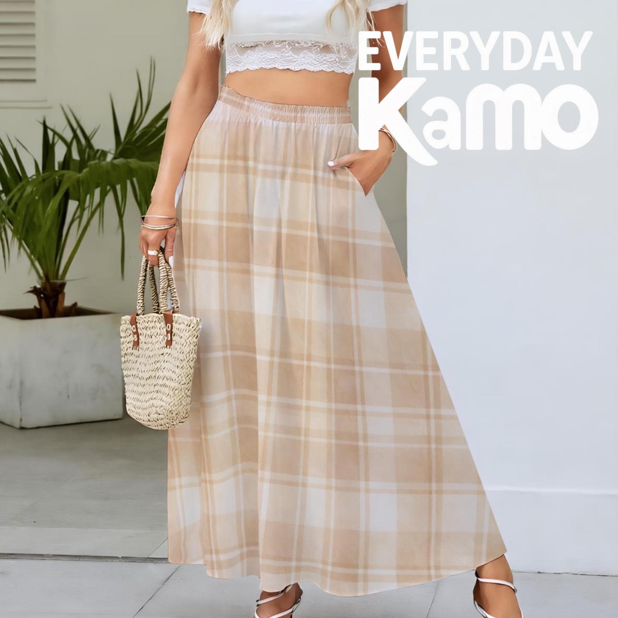 Plaid Maxi Skirt with Pockets | Elastic Waist Boho Long Skirt | Tan Cream