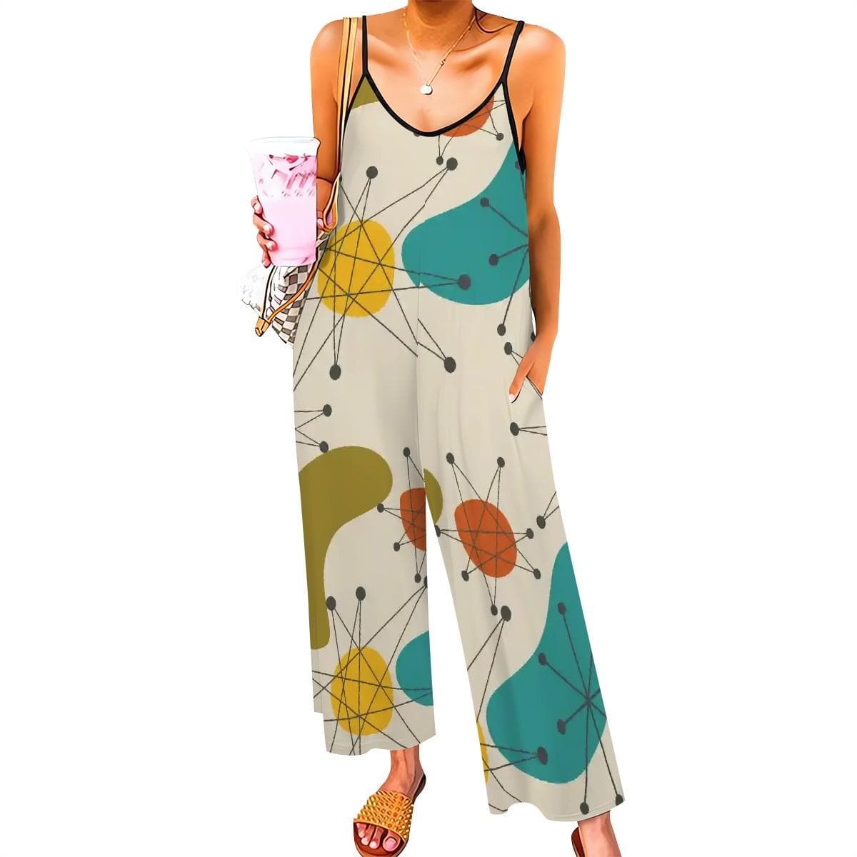 Mid-Century Atomic Print Wide Leg Jumpsuit | Comfy V-Neck Culotte Loungewear