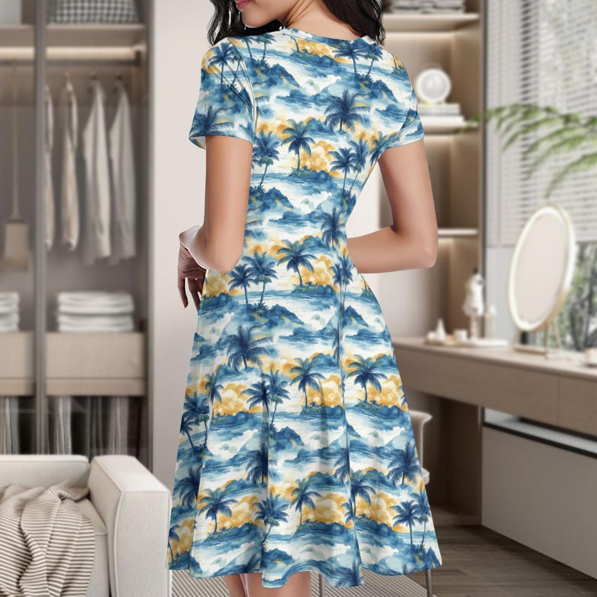 Tropical Palm Tree Summer Dress | Women's Hawaiian Flowy Mini Dress | Short Sleeve Vacation Beach Dress | Milk Silk Sun Dress