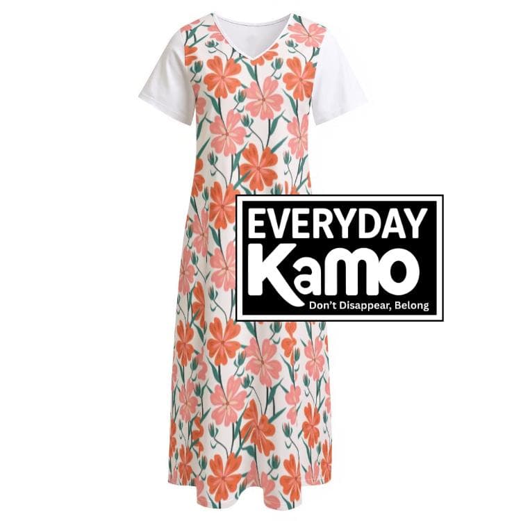 V-Neck Floral Midi Dress | Summer Beach Split Hem Sundress | Comfortable Jersey Short Sleeve Dress