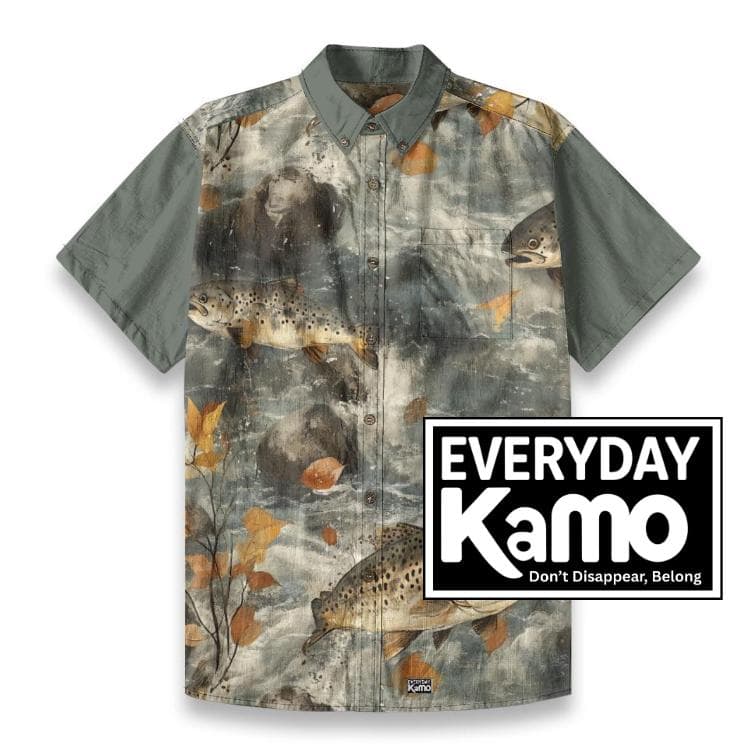 Trout River Print Cotton Shirt | Fishing Button Up, Nature Inspired