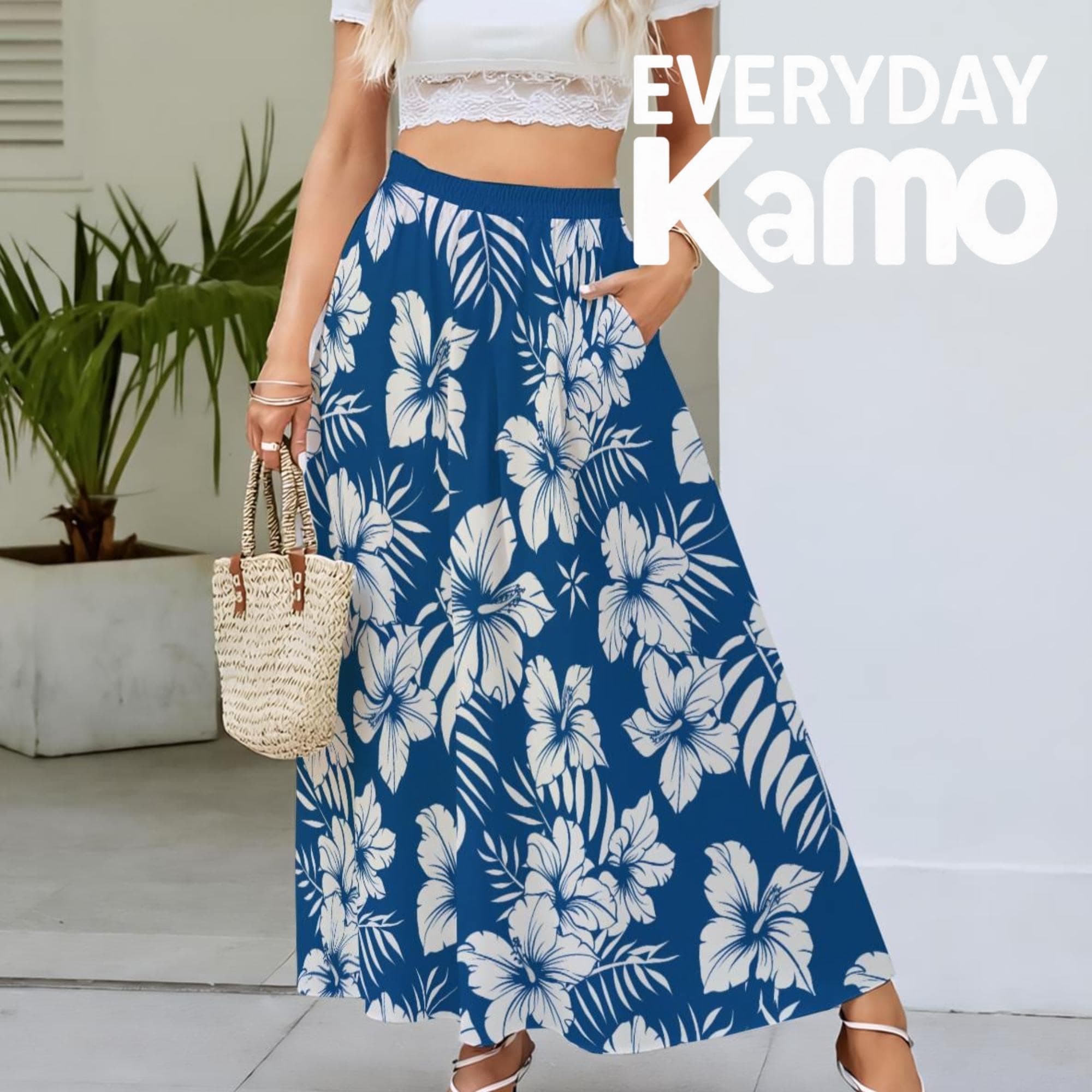 Blue Floral Maxi Skirt | Elastic Waist Lightweight Polyester Beach Boho