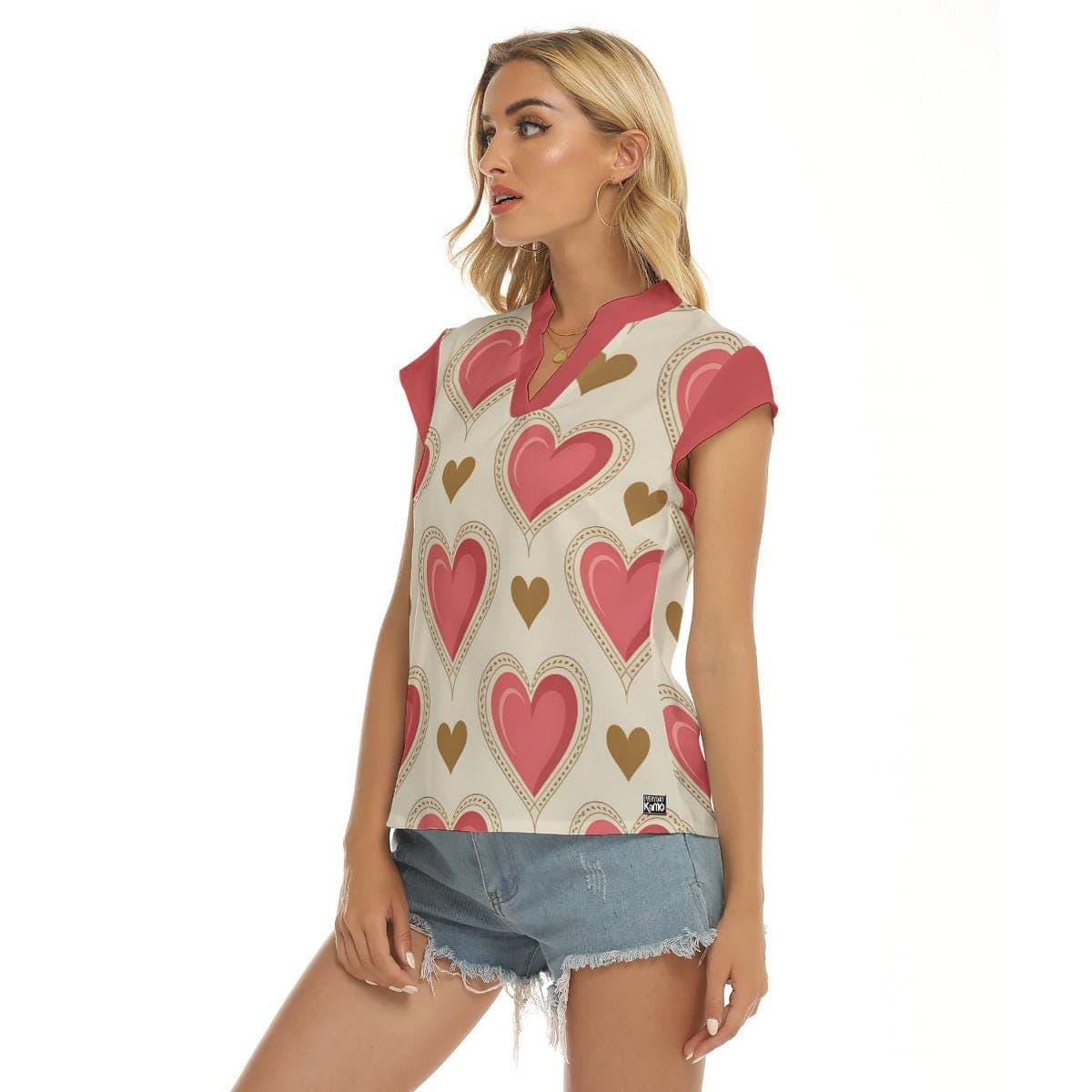 Charming Heart Print V-Neck Top | Women's Short Sleeve Love Blouse | Everyday Romantic Tee