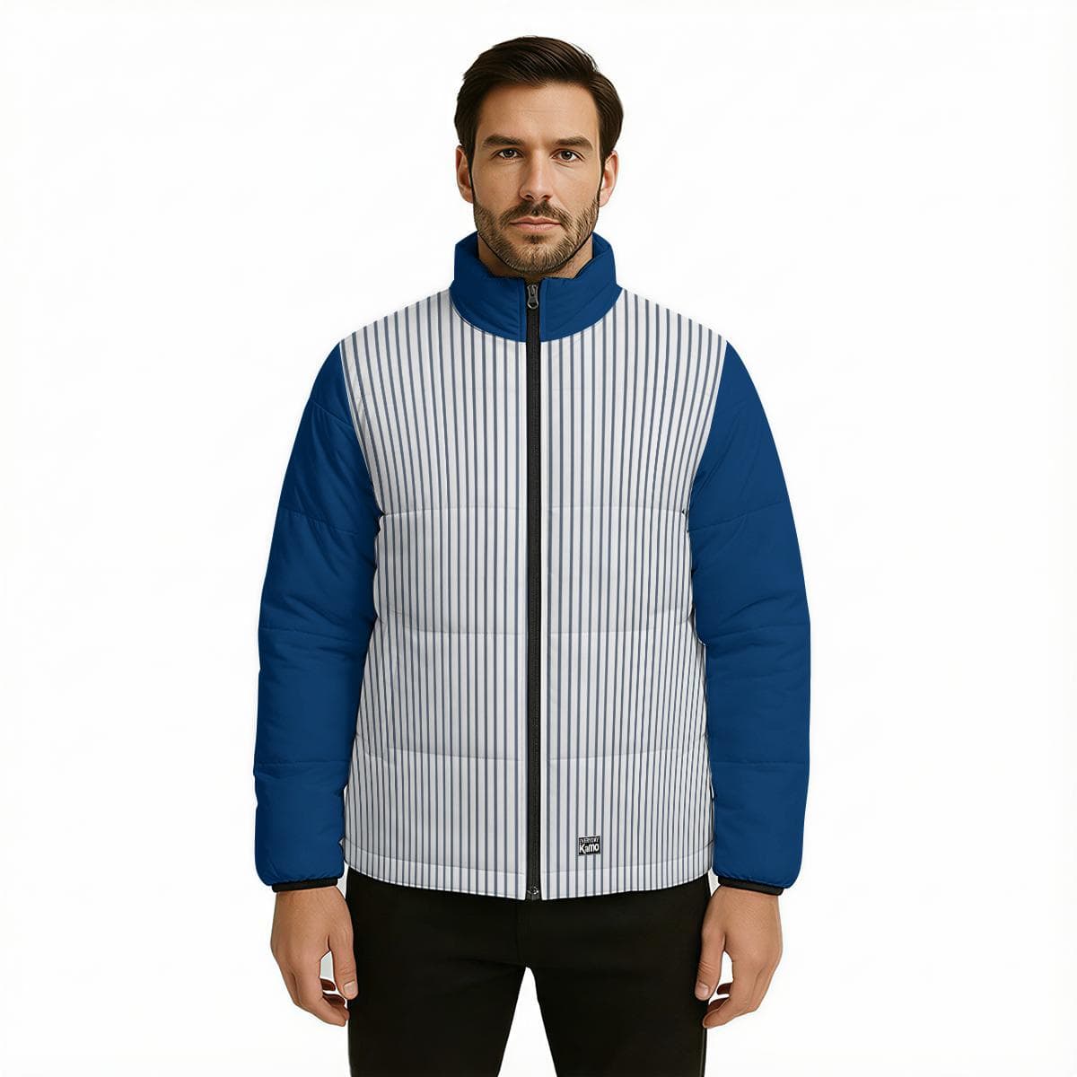 Chic Striped & Blue Puffer Jacket | Lightweight Women's Padded Winter Coat | Stylish Stand-Up Collar Outerwear