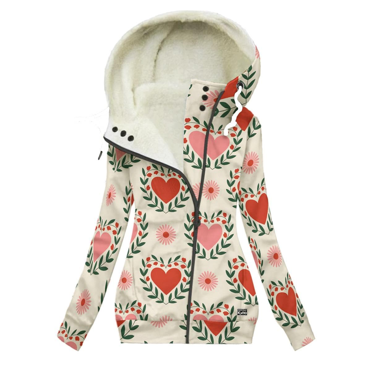 Women's Heart Floral Plush Lined Hoodie Jacket | Oblique Zip Winter Coat