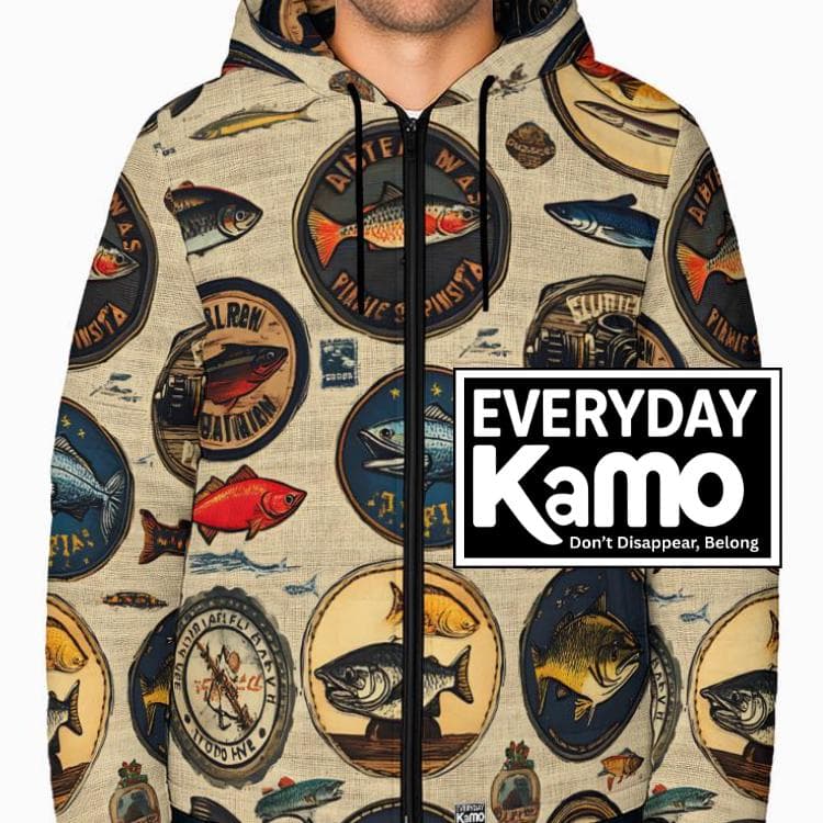 Vintage Fishing Print Puffer Jacket | Angler Hooded Windbreaker | Women's Unique Fish Pattern Winter Coat