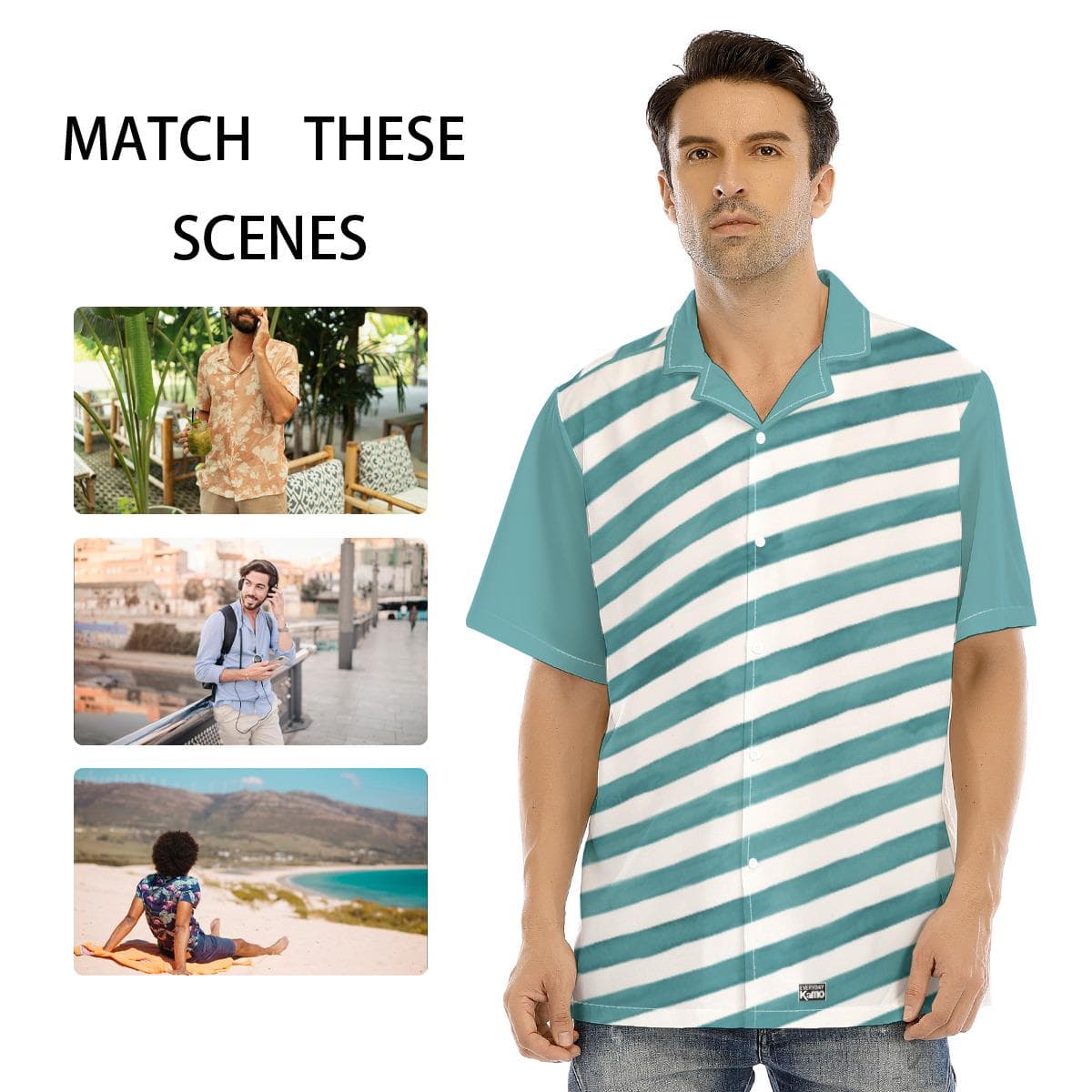 Men's Aqua Stripe Hawaiian Shirt | Teal & White Diagonal Summer Button Up | Beach Vacation Camp Collar Shirt