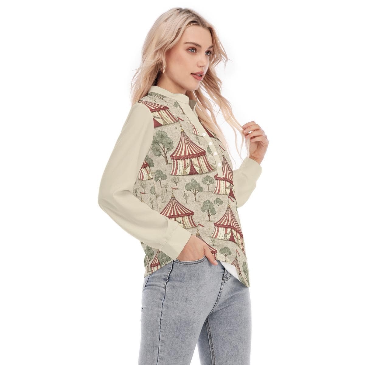 Whimsical Circus Tent Blouse | Vintage-Inspired Long Sleeve Button-Up Top | Unique Festival Everyday Tunic