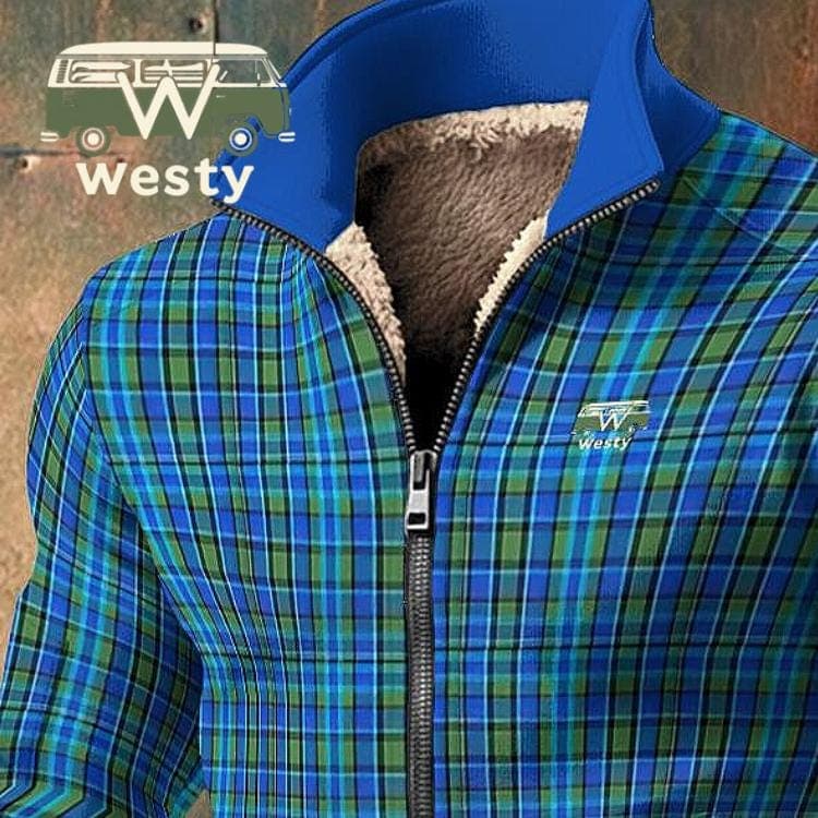 Westy Blue Plaid Fleece Jacket | Retro Van Life Sherpa-Lined Outerwear