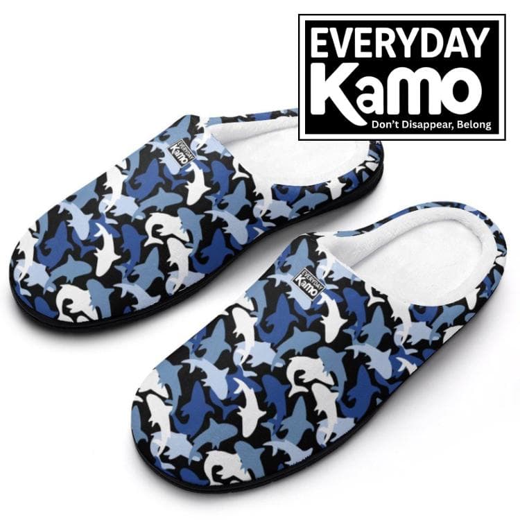 Everyday Kamo Men's Shark Camo Slippers | Cozy Blue Ocean Print House Shoes with Anti-Skid Sole