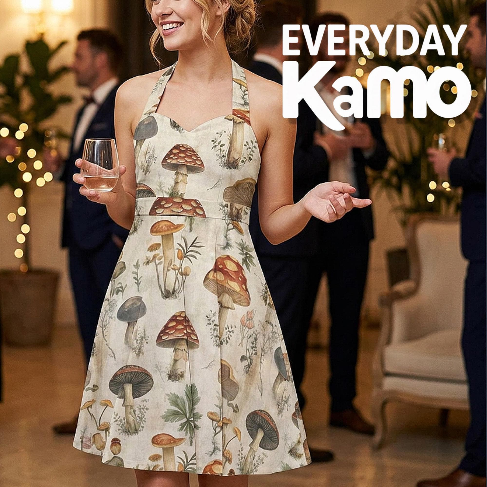 Mushroom Halter Skater Dress | Milk Silk A-Line Sweetheart Neckline