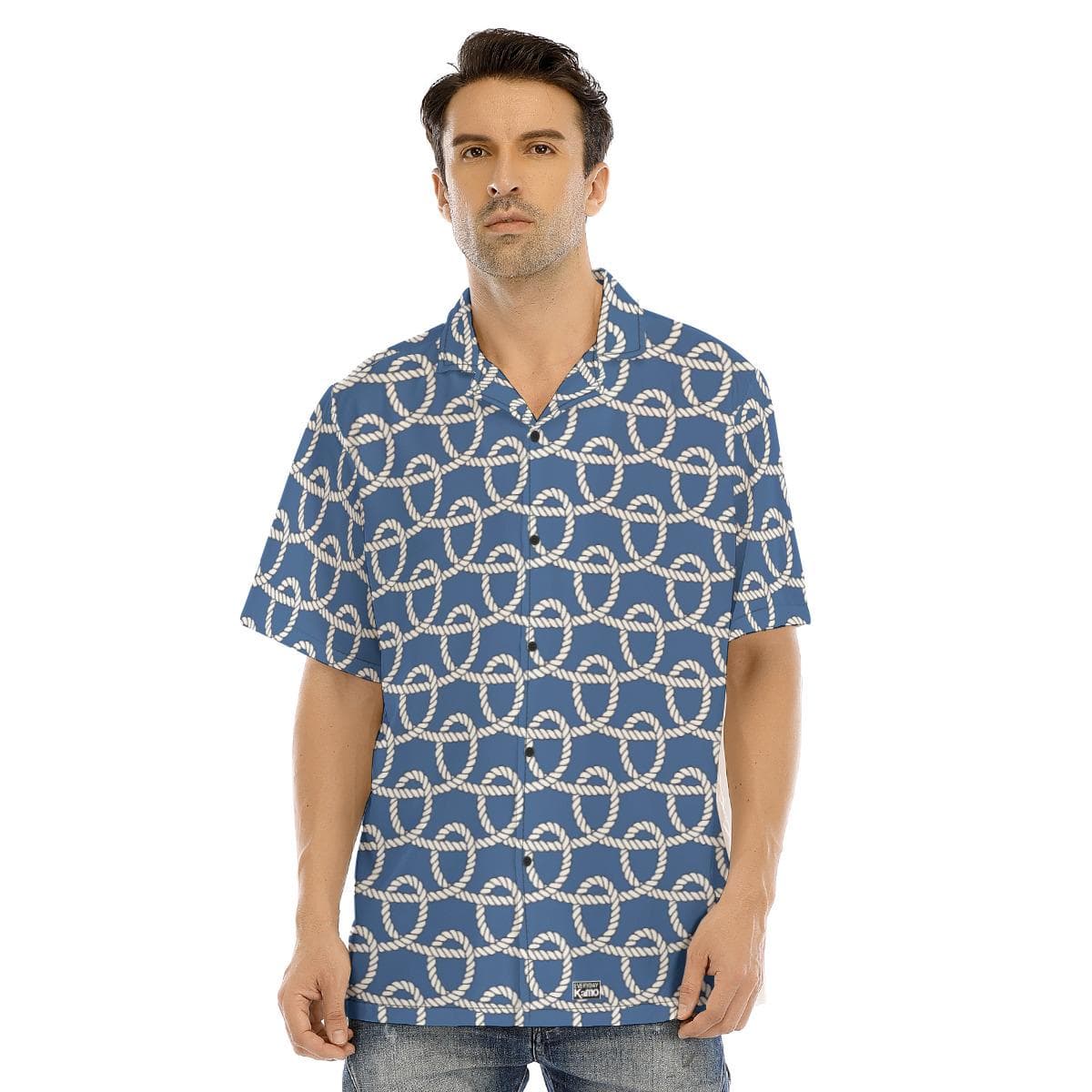 Men's Nautical Rope Print Hawaiian Shirt | Blue Summer Aloha Camp Shirt | Lightweight Button-Up Vacation Top
