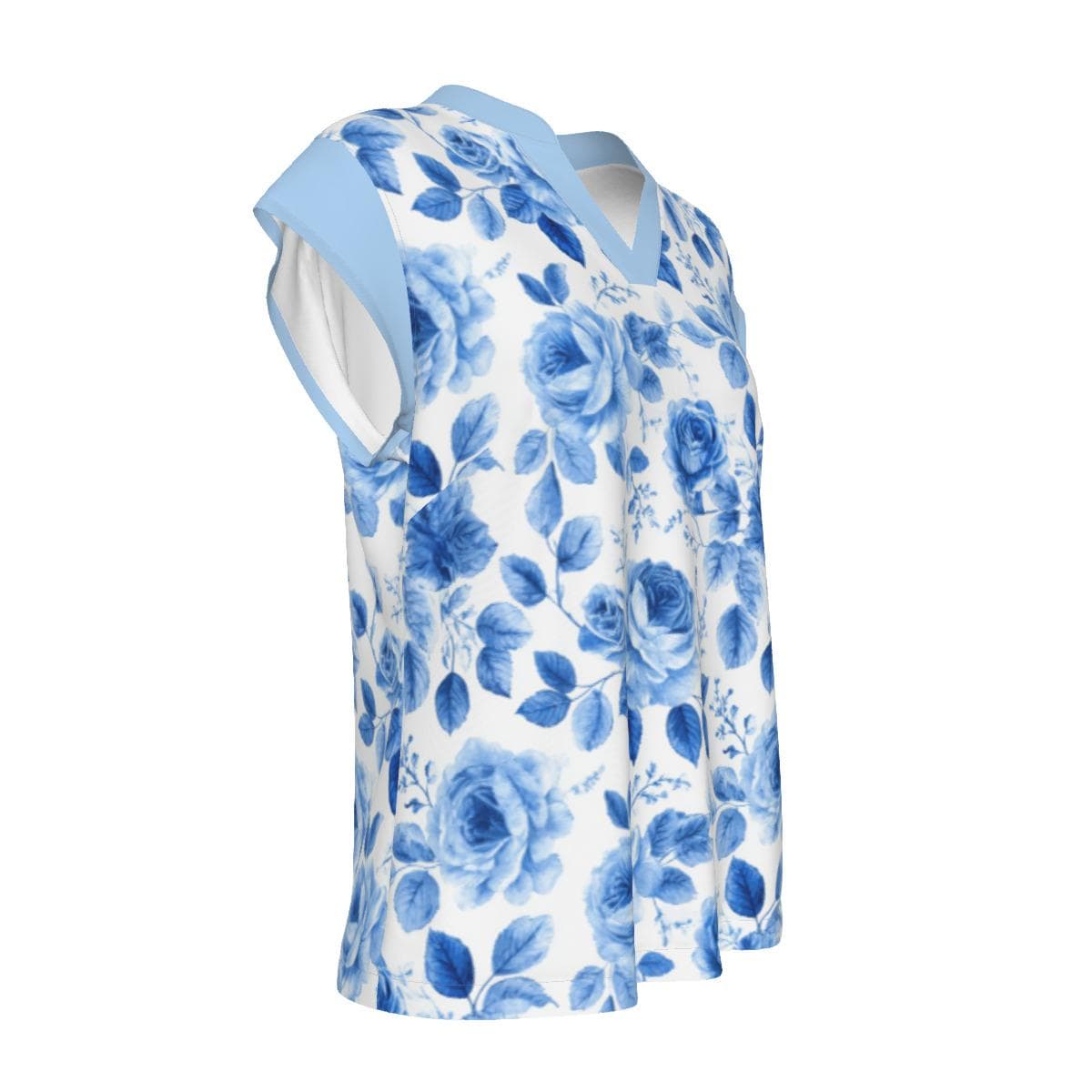 Elegant Blue Rose Floral V-Neck Top | Chic Summer Blouse | Women's Short Sleeve Tee