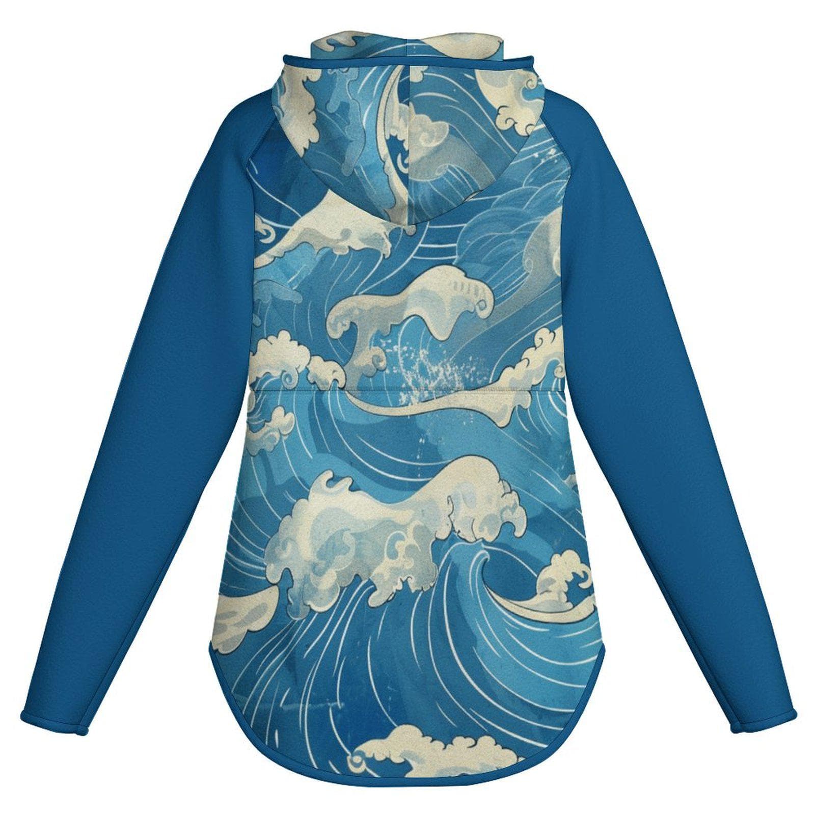 Everyday Kamo Great Wave Full-Zip Fleece Hoodie | Japanese Art Ocean Print Slim-Fit Jacket | Cozy Warm Zip Up Outerwear