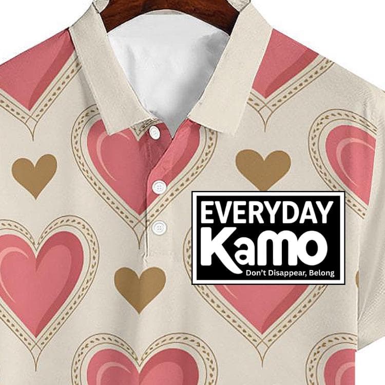 Pink & Gold Heart Polo Shirt | Romantic Polyester Tee