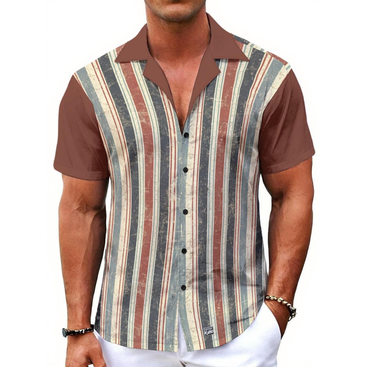 Men's Vintage Striped Camp Collar Shirt | Retro Distressed Print Hawaiian Button Up | Summer Casual Short Sleeve