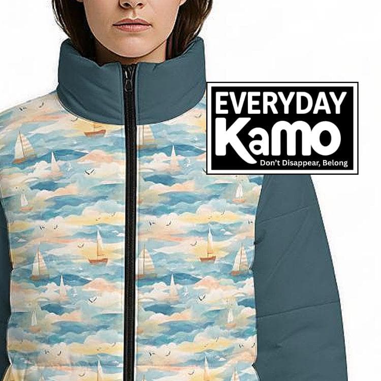 Unisex Sailboat Padded Jacket | Nautical Lightweight Puffer Coat | Coastal Teal Blue Outerwear