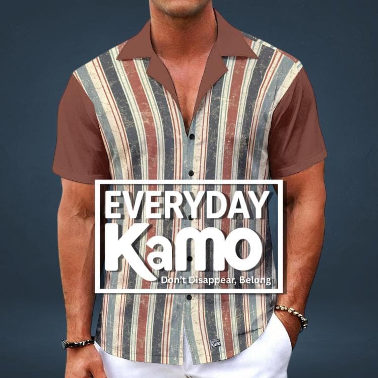 Men's Vintage Striped Camp Collar Shirt | Retro Distressed Print Hawaiian Button Up | Summer Casual Short Sleeve