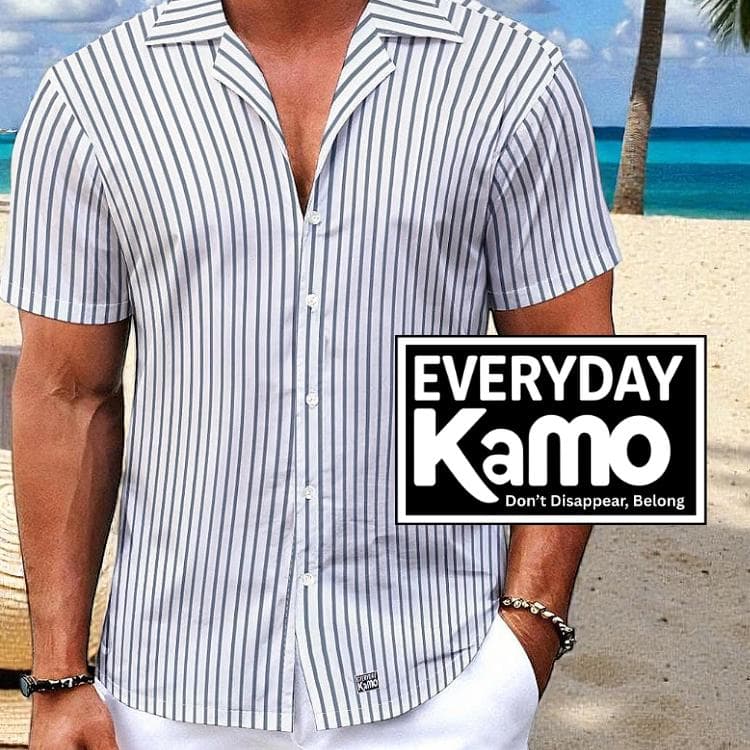 Men's Classic Striped Revere Collar Shirt | White Grey Vertical Stripe Short Sleeve Button-Up | Summer Beach Vacation Shirt