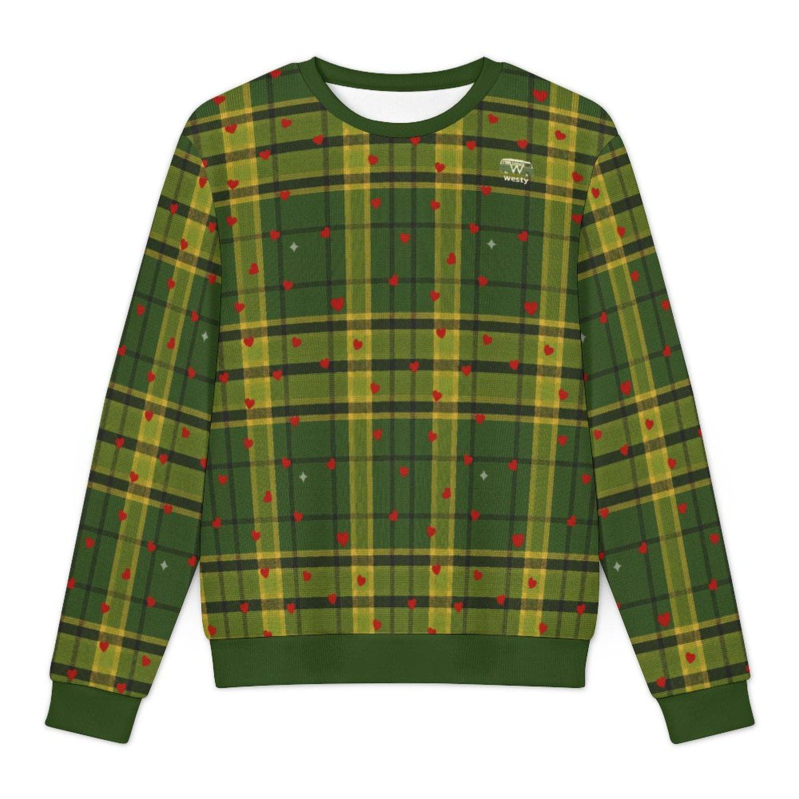 Vintage Westfalia Green Plaid Heart Print Pullover Sweater | Cozy Nostalgic Valentine's Day Top | Westy Adventure Wear