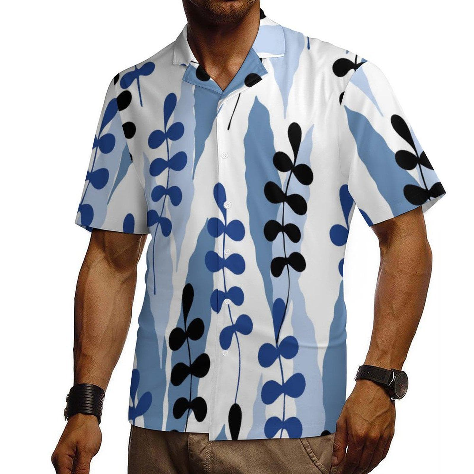 Men's Abstract Leaf Print Cuban Collar Shirt | Premium Cotton Short Sleeve Button Up | Blue & Black Summer Style