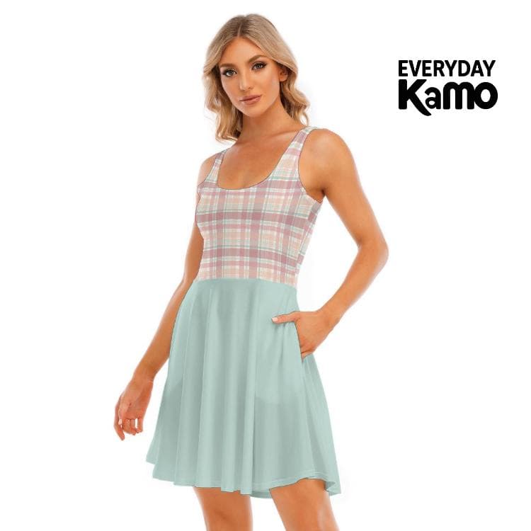 Charming Plaid & Pastel Skater Dress | Everyday Kamo Wide Strap Scoop Neck