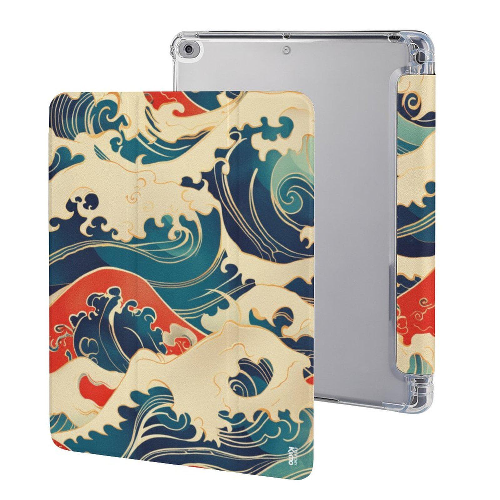 Japanese Wave iPad Case with Apple Pencil Holder | Hokusai Art Faux Leather Protective Tri-Fold Cover