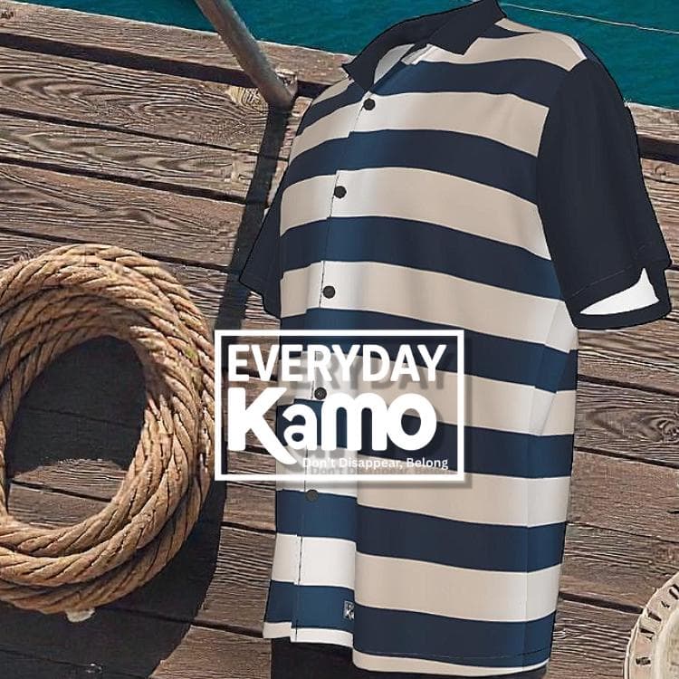 Men's Classic Striped Hawaiian Shirt with Roman Collar | Navy & Cream Summer Beach Button Up | Breathable Poly-Spandex